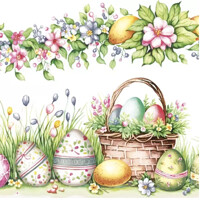 WATERCOLOUR SCENE WITH BASKET EGGS & FLOWERS, Maki