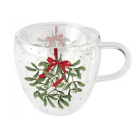 Double-walled glass 0.2 L Mistletoe with bow white